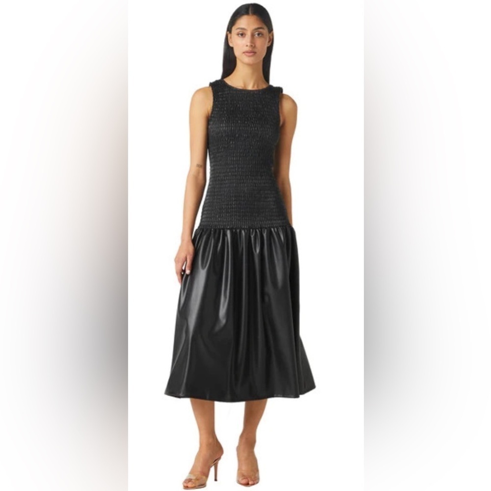 NEW MISA Los Angeles Priyanka Black Smocked Faux-Leather Sleeveless Dress XS